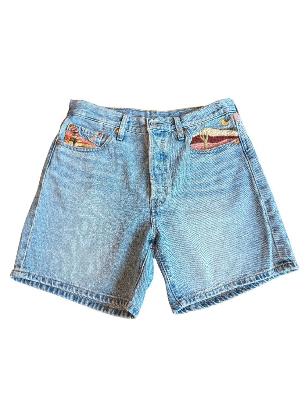 Levi's Light Blue Denim Bermuda Shorts with Multicolor Pocket Embroidery
